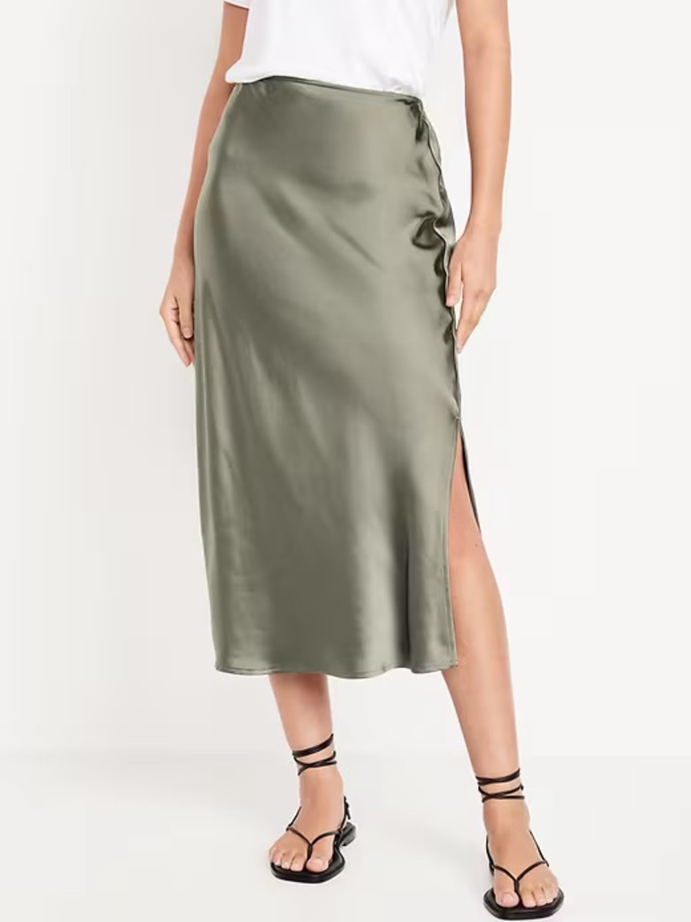 Old Navy Olive Satin Midi Slip Skirt with Side Slit